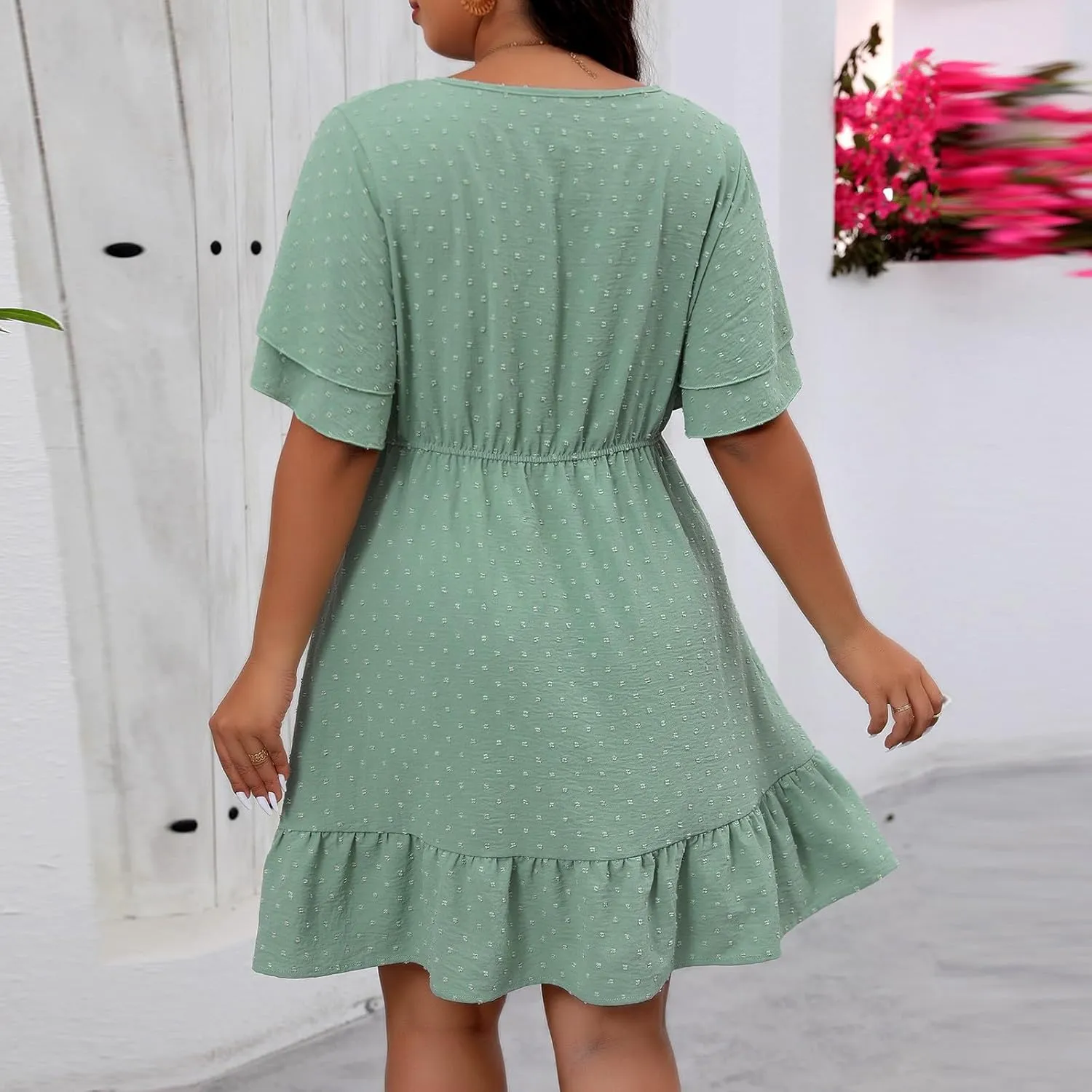Women's Plus Size Summer Dress Swiss Dot Wrap Ruffle Sleeve Tiered Midi Dress Elegant Casual A-Line Pleated Sundress
