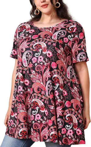 Women's Plus Size Tunic Top Short Sleeve Casual Summer Blouse Flowy Swing Flare Tops Loose Fit Shirt XL-6XL