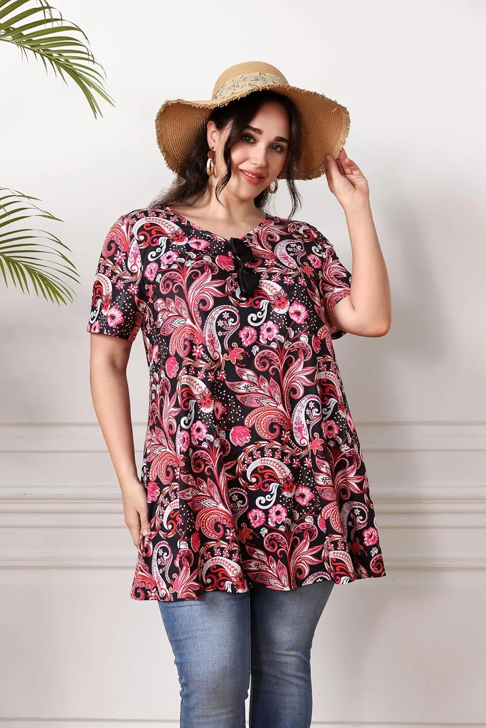 Women's Plus Size Tunic Top Short Sleeve Casual Summer Blouse Flowy Swing Flare Tops Loose Fit Shirt XL-6XL