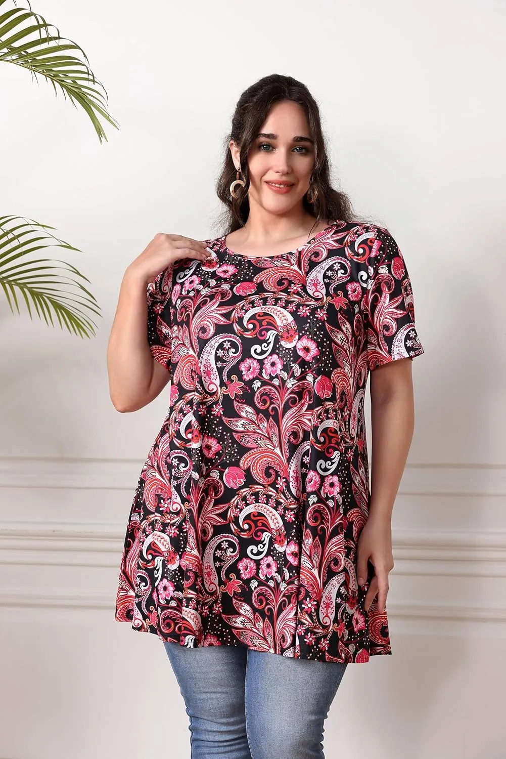 Women's Plus Size Tunic Top Short Sleeve Casual Summer Blouse Flowy Swing Flare Tops Loose Fit Shirt XL-6XL