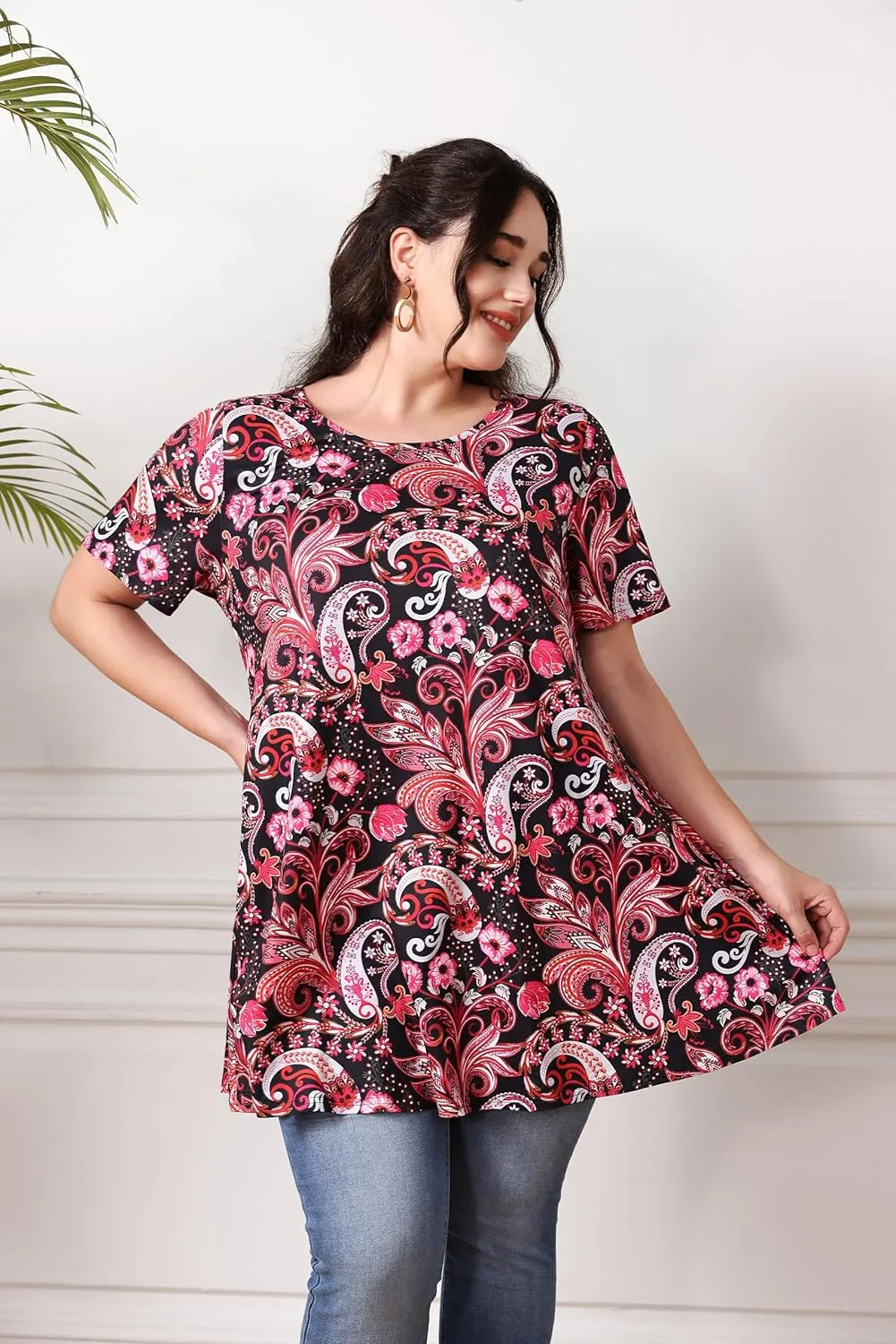 Women's Plus Size Tunic Top Short Sleeve Casual Summer Blouse Flowy Swing Flare Tops Loose Fit Shirt XL-6XL