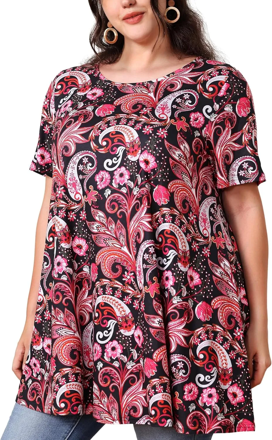 Women's Plus Size Tunic Top Short Sleeve Casual Summer Blouse Flowy Swing Flare Tops Loose Fit Shirt XL-6XL