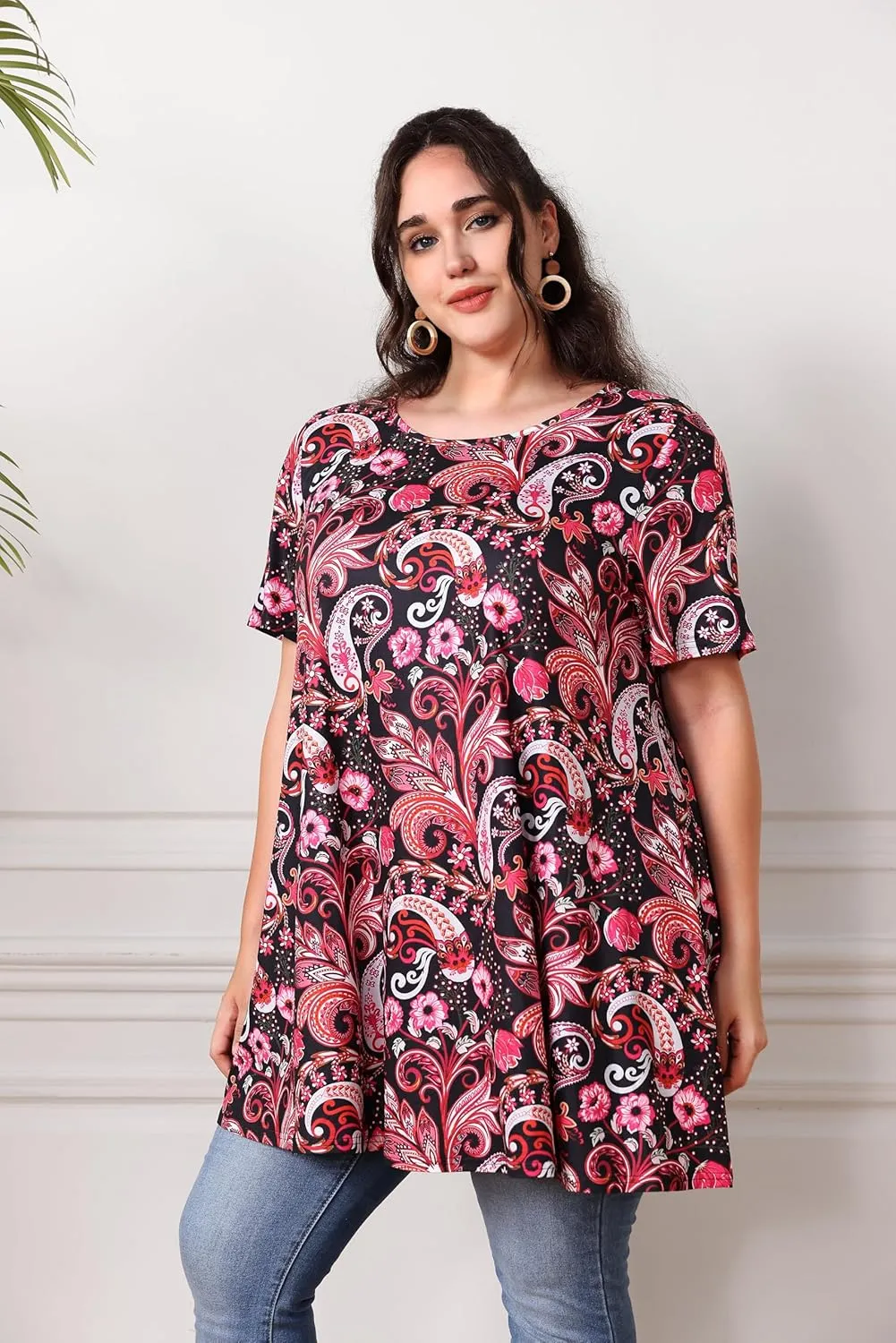 Women's Plus Size Tunic Top Short Sleeve Casual Summer Blouse Flowy Swing Flare Tops Loose Fit Shirt XL-6XL
