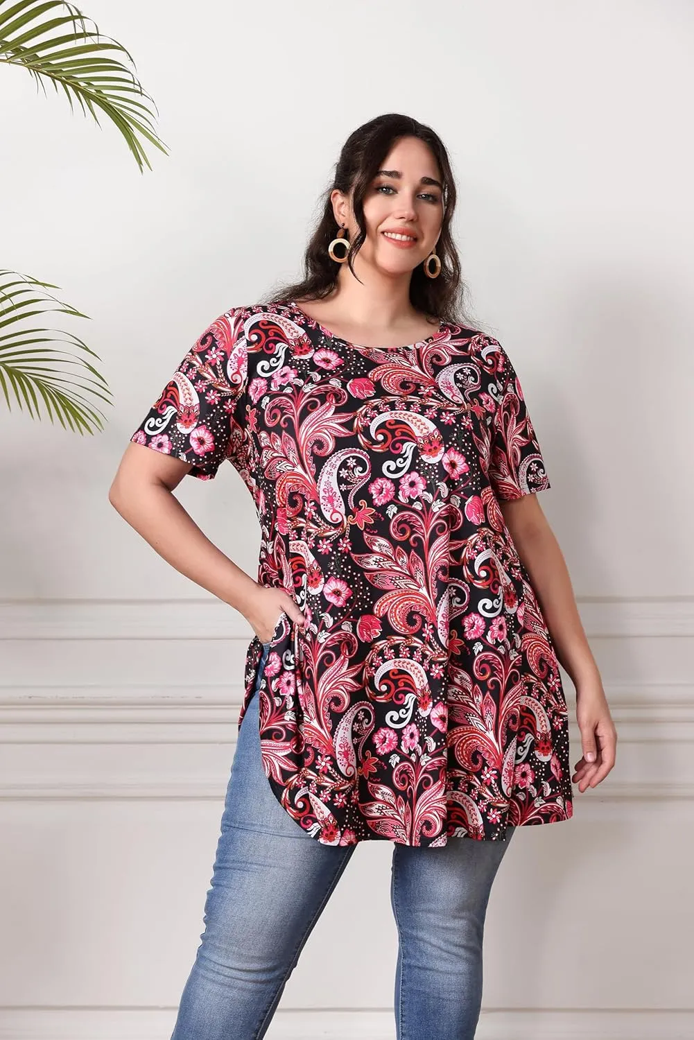 Women's Plus Size Tunic Top Short Sleeve Casual Summer Blouse Flowy Swing Flare Tops Loose Fit Shirt XL-6XL