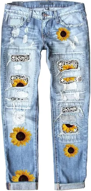 Women's Ripped Jeans Straight Leg Boyfriend Jeans Skinny Stretch Butt Lifting Jeans Slim Fit Denim Pants