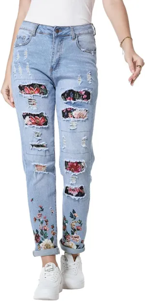 Women's Ripped Jeans Straight Leg Boyfriend Jeans Skinny Stretch Butt Lifting Jeans Slim Fit Denim Pants