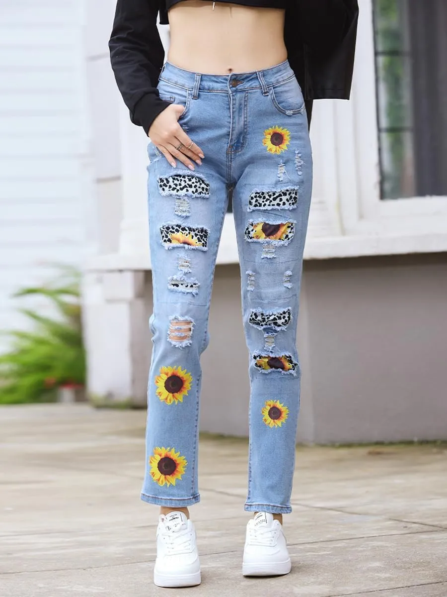 Women's Ripped Jeans Straight Leg Boyfriend Jeans Skinny Stretch Butt Lifting Jeans Slim Fit Denim Pants