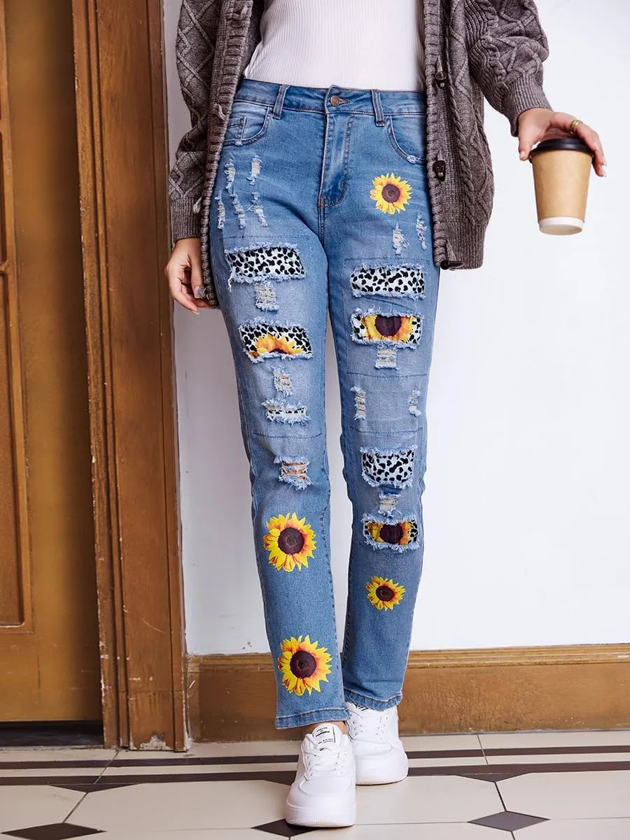 Women's Ripped Jeans Straight Leg Boyfriend Jeans Skinny Stretch Butt Lifting Jeans Slim Fit Denim Pants