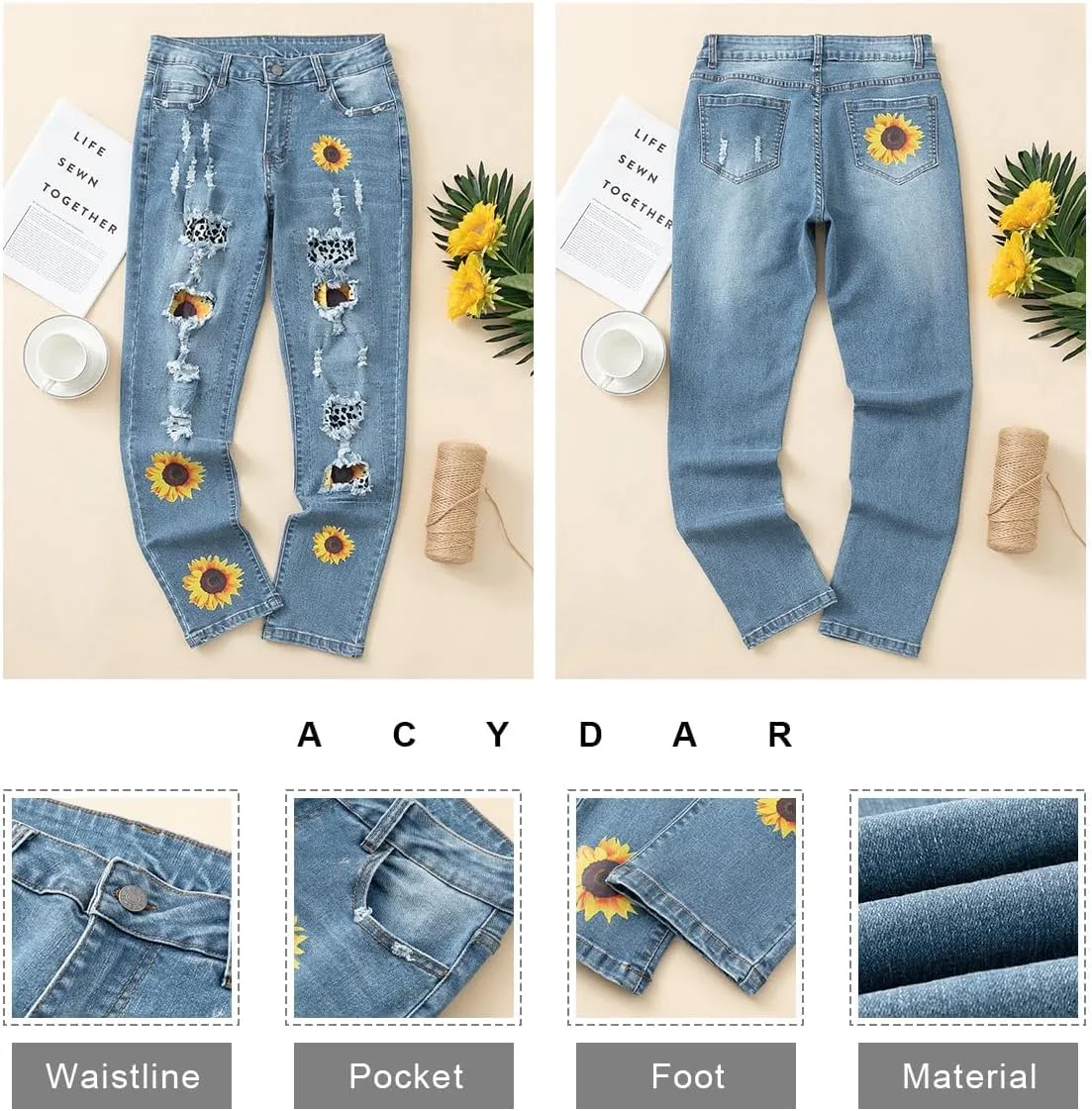 Women's Ripped Jeans Straight Leg Boyfriend Jeans Skinny Stretch Butt Lifting Jeans Slim Fit Denim Pants