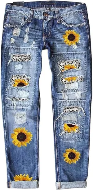 Women's Ripped Jeans Straight Leg Boyfriend Jeans Skinny Stretch Butt Lifting Jeans Slim Fit Denim Pants