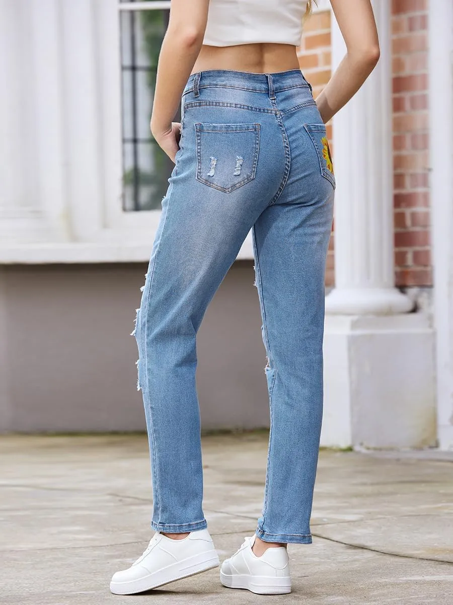 Women's Ripped Jeans Straight Leg Boyfriend Jeans Skinny Stretch Butt Lifting Jeans Slim Fit Denim Pants