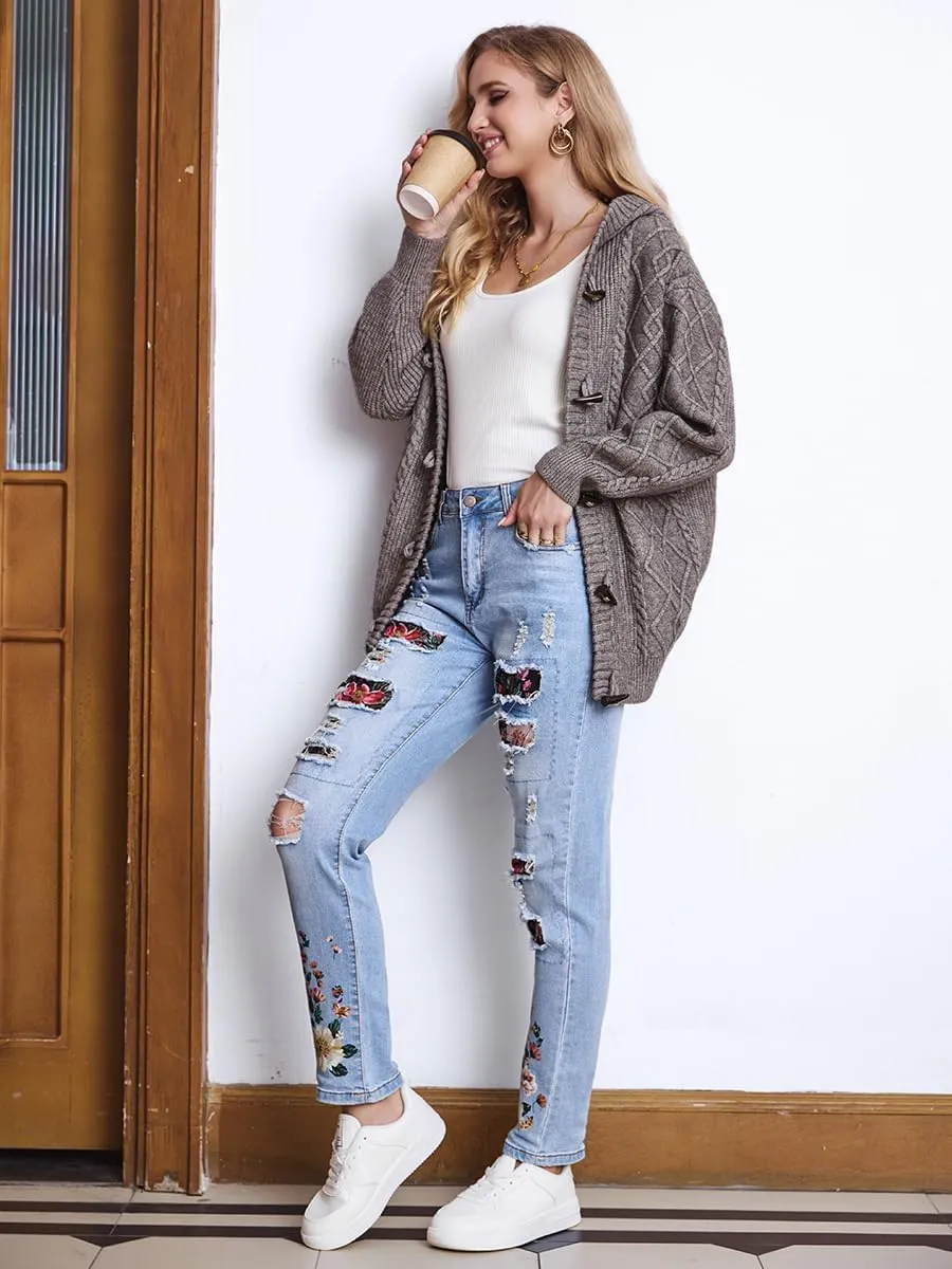 Women's Ripped Jeans Straight Leg Boyfriend Jeans Skinny Stretch Butt Lifting Jeans Slim Fit Denim Pants