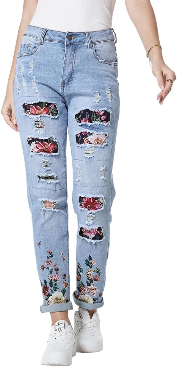 Women's Ripped Jeans Straight Leg Boyfriend Jeans Skinny Stretch Butt Lifting Jeans Slim Fit Denim Pants