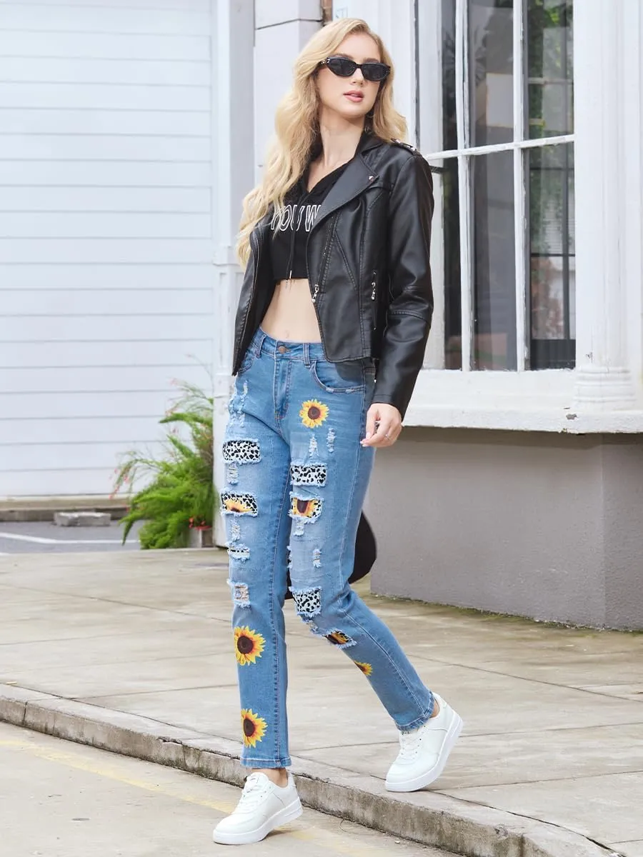 Women's Ripped Jeans Straight Leg Boyfriend Jeans Skinny Stretch Butt Lifting Jeans Slim Fit Denim Pants