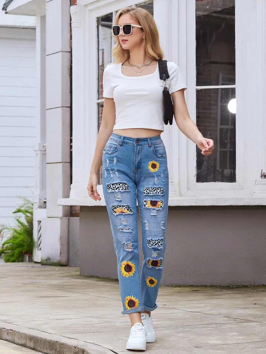 Women's Ripped Jeans Straight Leg Boyfriend Jeans Skinny Stretch Butt Lifting Jeans Slim Fit Denim Pants