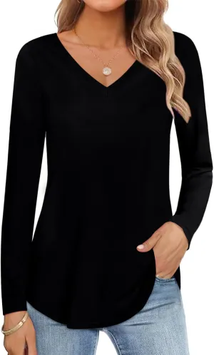 Womens Shirt Long Sleeve V Neck T-Shirt Cotton Tops Basic Tees
