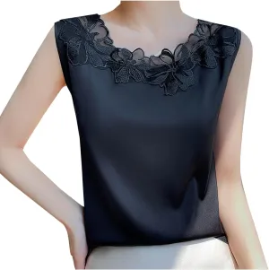Women's Silk Satin Tank Tops Fashion Floral Applique Lace Crew Neck Camisole Casual Cami Sleeveless Tanks Shirt Blouses