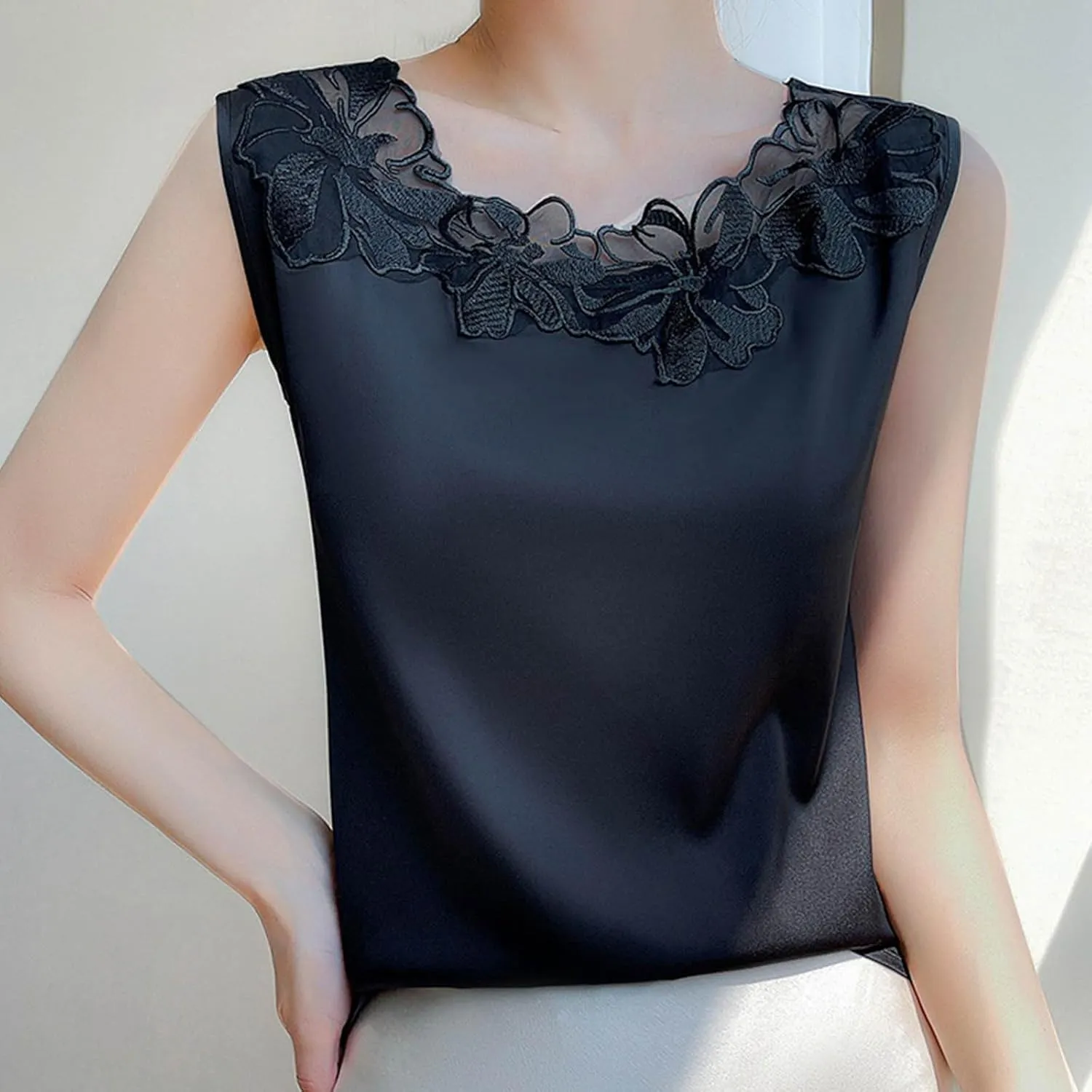 Women's Silk Satin Tank Tops Fashion Floral Applique Lace Crew Neck Camisole Casual Cami Sleeveless Tanks Shirt Blouses