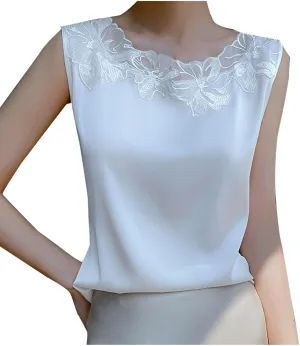 Women's Silk Satin Tank Tops Fashion Floral Applique Lace Crew Neck Camisole Casual Cami Sleeveless Tanks Shirt Blouses
