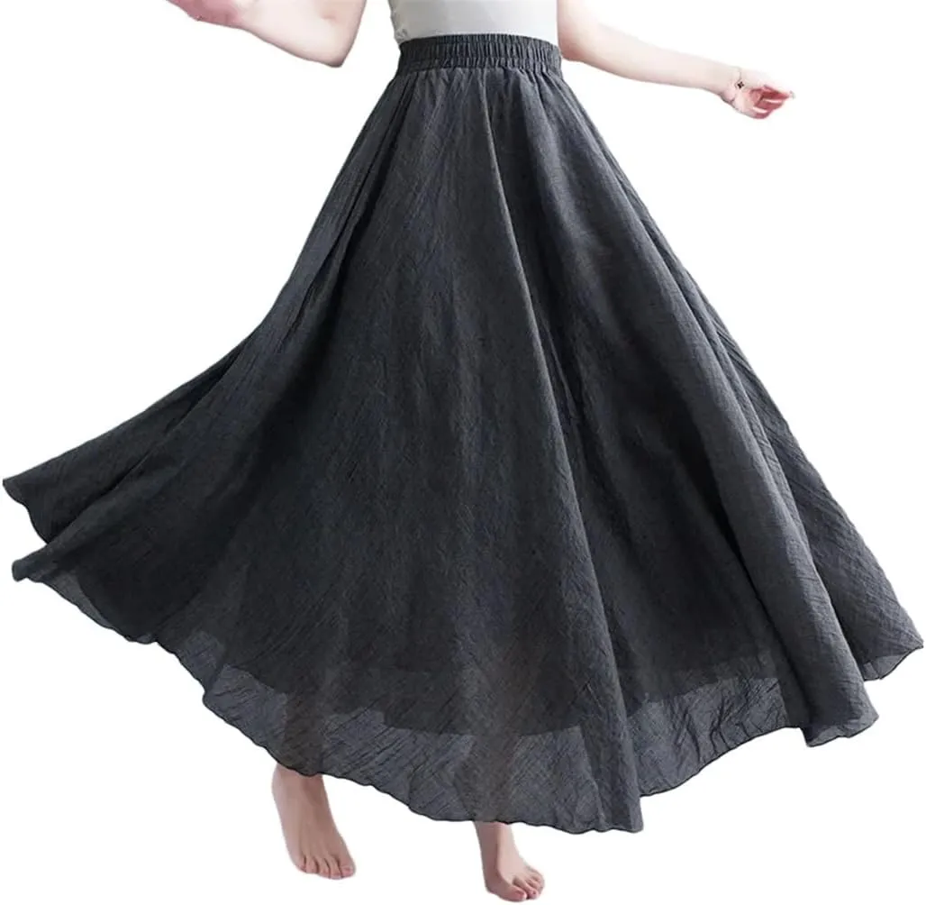 Womens Solid Cotton Linen Skirts Maxi Elegant Casual Loose Long Skirt Ladies