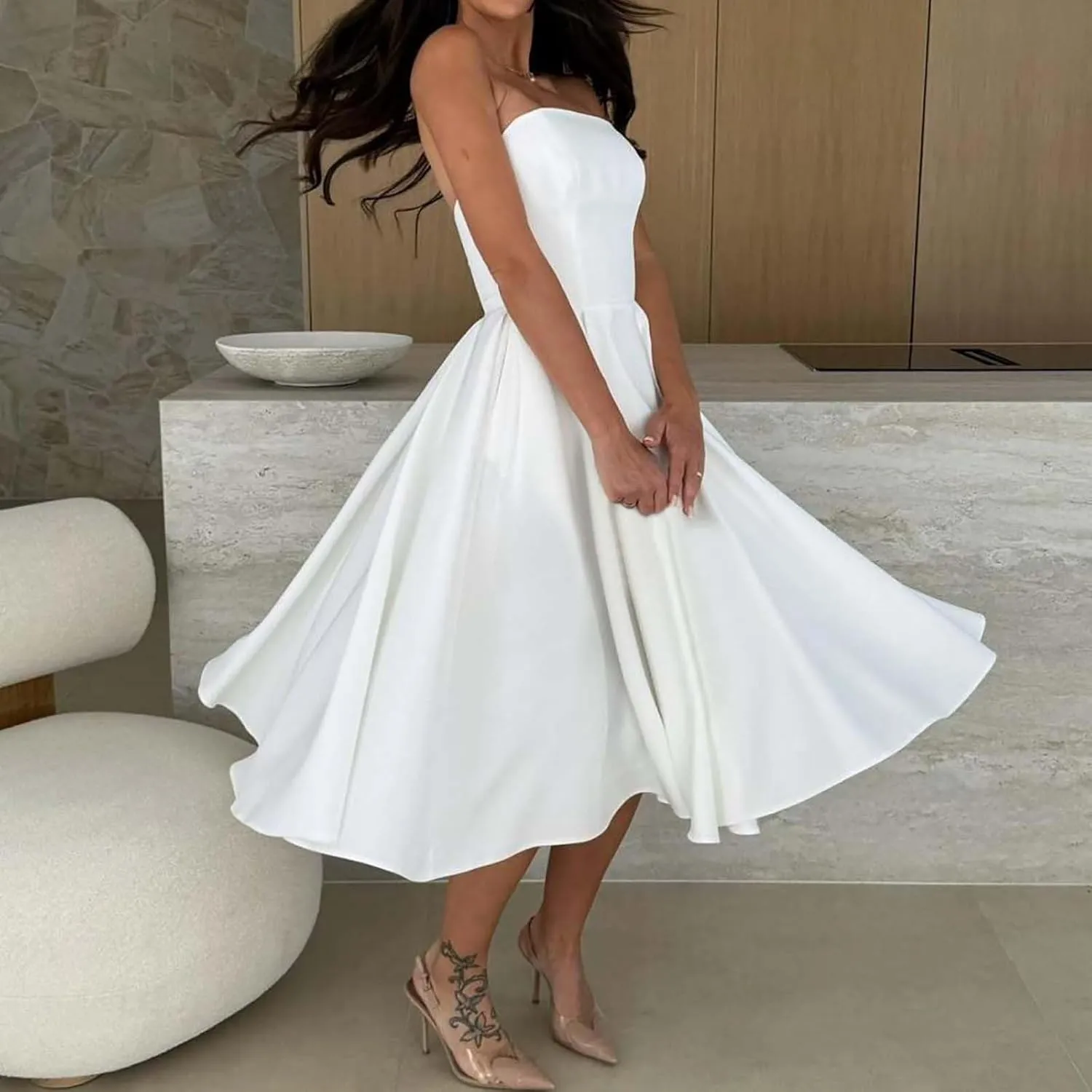 Women's Strapless Sleeveless Midi Tube Dress Elegant Casual A-Line Swing Pleated Cocktail Party Wedding Guest Dresses