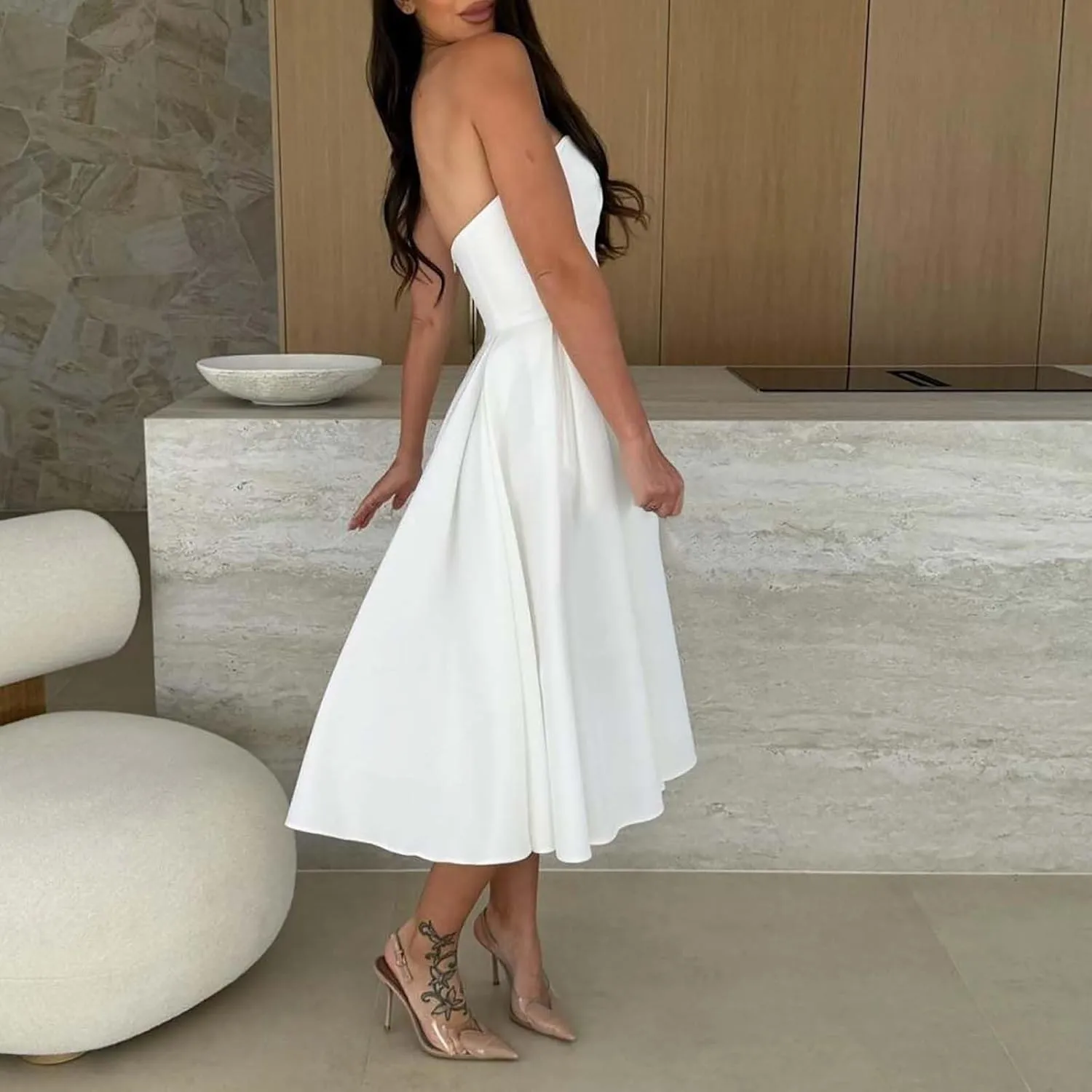 Women's Strapless Sleeveless Midi Tube Dress Elegant Casual A-Line Swing Pleated Cocktail Party Wedding Guest Dresses