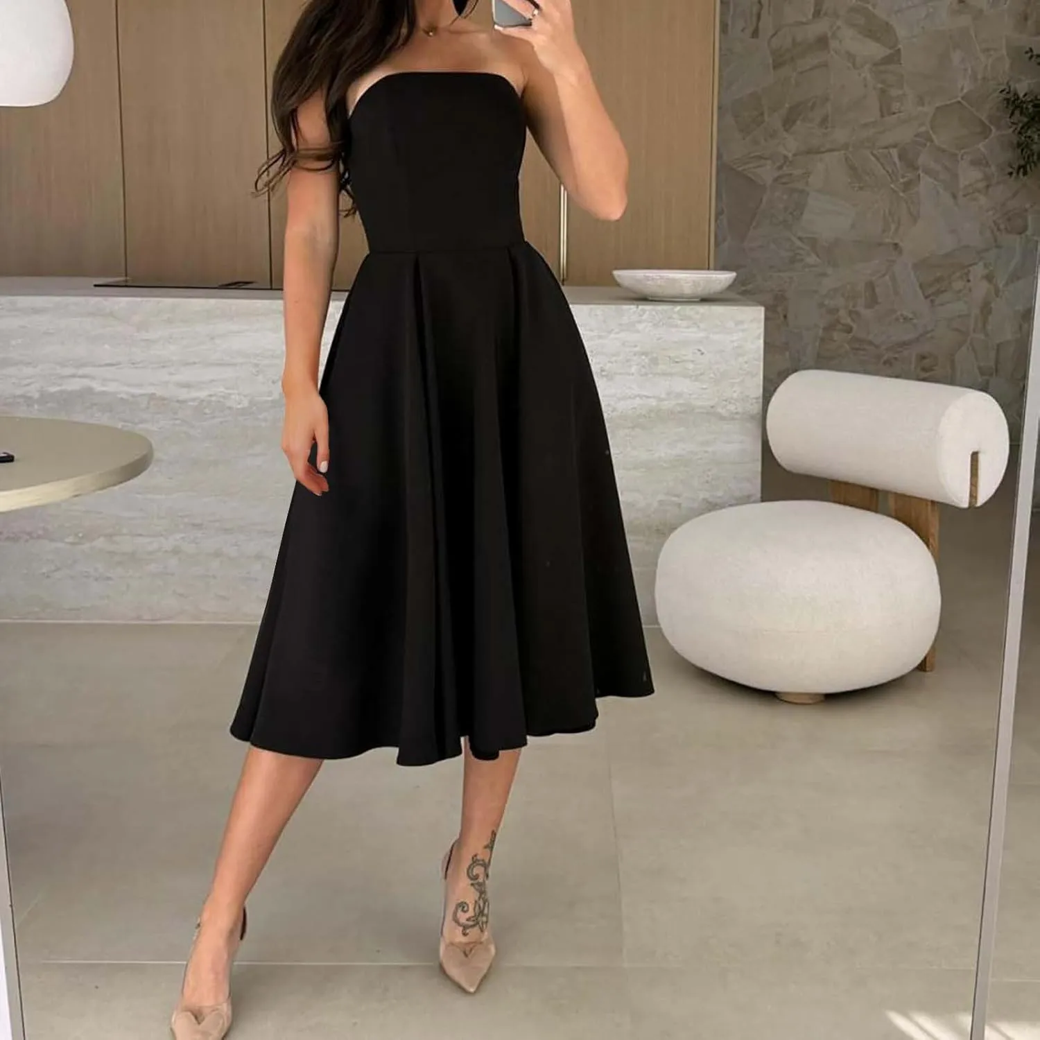 Women's Strapless Sleeveless Midi Tube Dress Elegant Casual A-Line Swing Pleated Cocktail Party Wedding Guest Dresses
