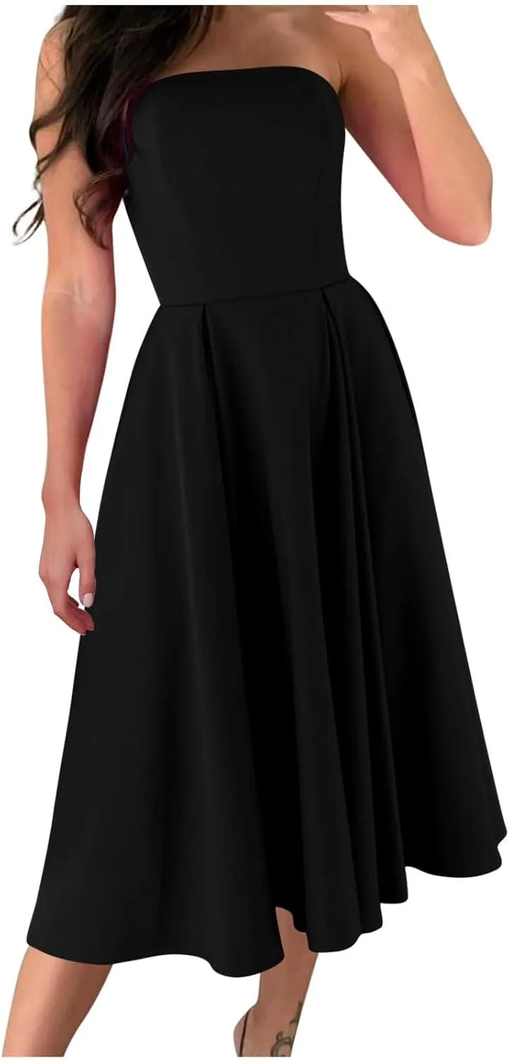 Women's Strapless Sleeveless Midi Tube Dress Elegant Casual A-Line Swing Pleated Cocktail Party Wedding Guest Dresses
