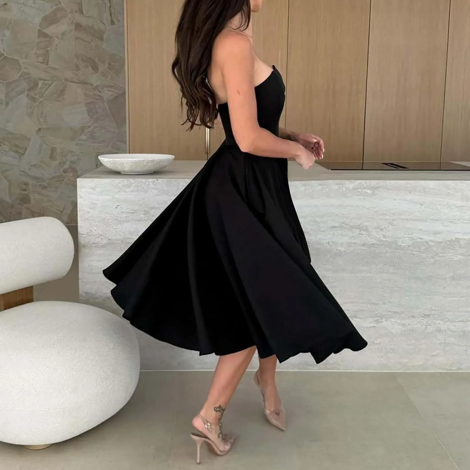 Women's Strapless Sleeveless Midi Tube Dress Elegant Casual A-Line Swing Pleated Cocktail Party Wedding Guest Dresses