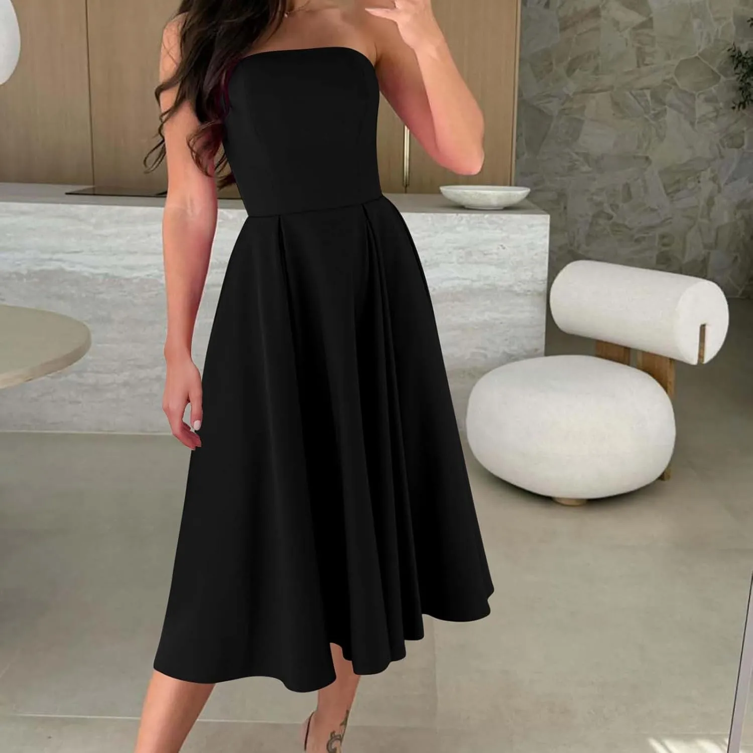 Women's Strapless Sleeveless Midi Tube Dress Elegant Casual A-Line Swing Pleated Cocktail Party Wedding Guest Dresses