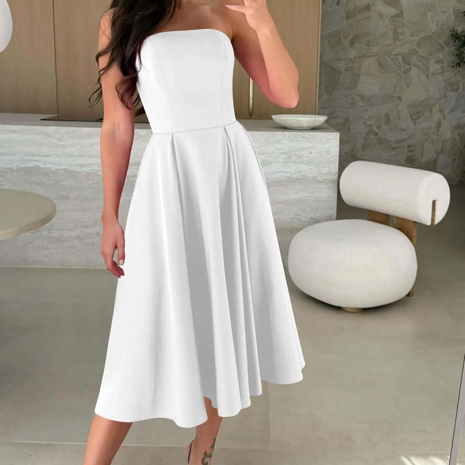 Women's Strapless Sleeveless Midi Tube Dress Elegant Casual A-Line Swing Pleated Cocktail Party Wedding Guest Dresses