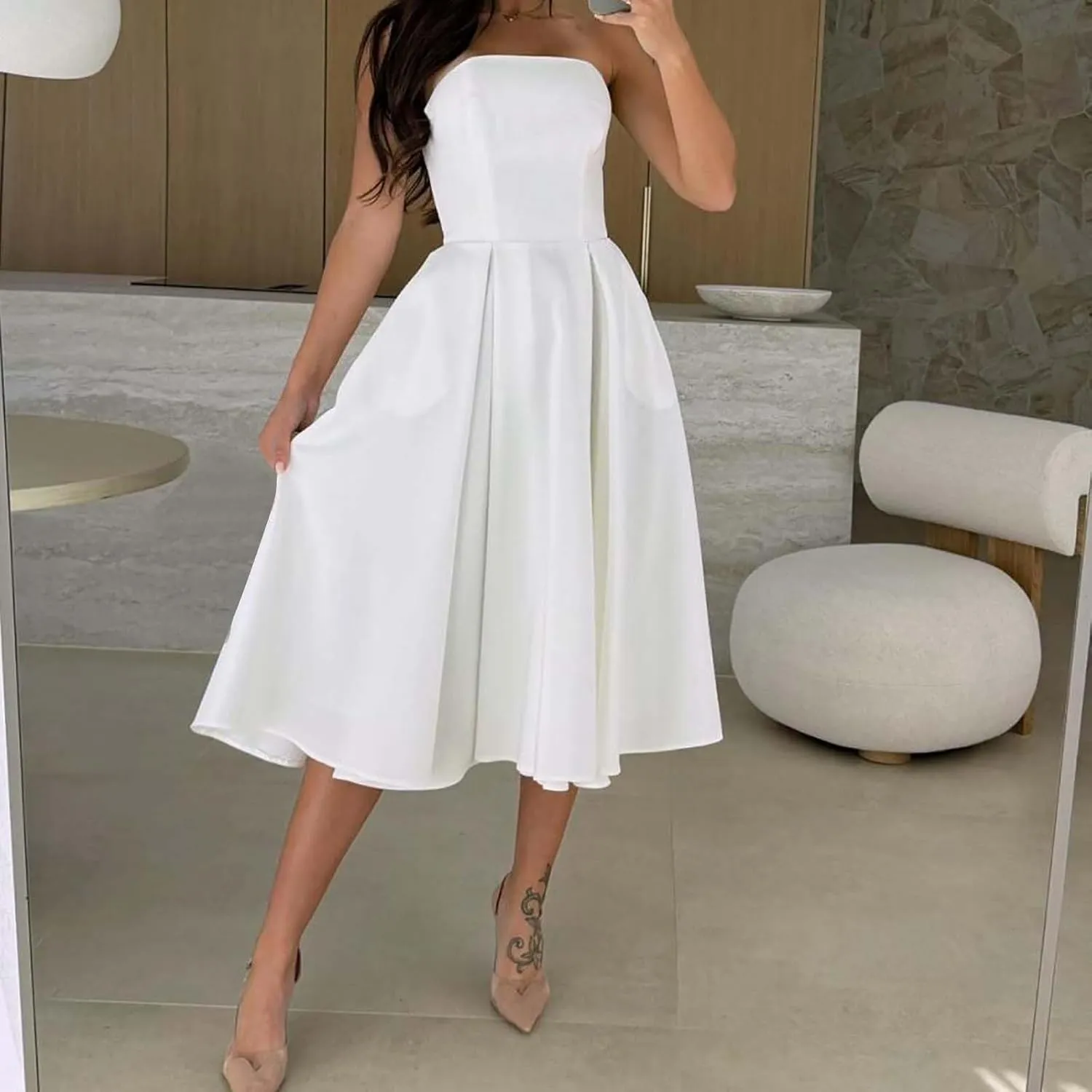 Women's Strapless Sleeveless Midi Tube Dress Elegant Casual A-Line Swing Pleated Cocktail Party Wedding Guest Dresses