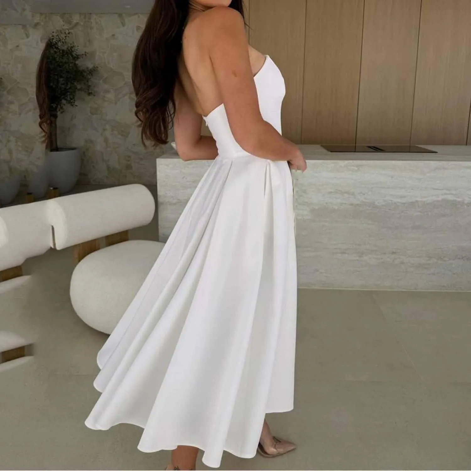 Women's Strapless Sleeveless Midi Tube Dress Elegant Casual A-Line Swing Pleated Cocktail Party Wedding Guest Dresses