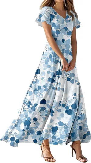 Women's Summer Floral Maxi Dress Flowy V Neck Short Sleeve Long Dresses Trendy A Line Vacation Beach Dress 2025