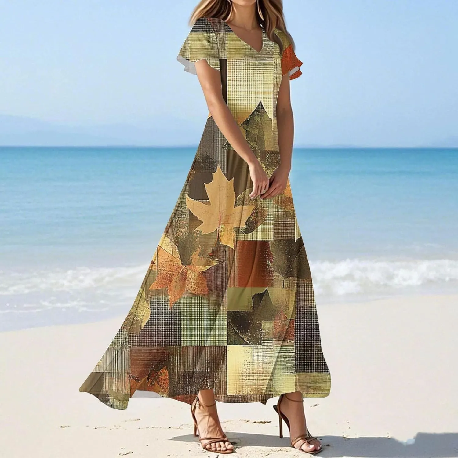 Women's Summer Maxi Dresses Flowy Elegant Casual Floral Bohemian Ruffle Sleeve V Neck Beach Vacation Swing Sundress