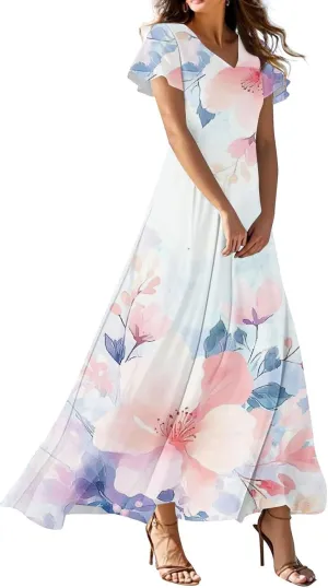 Women's Summer Maxi Dresses Flowy Elegant Casual Floral Bohemian Ruffle Sleeve V Neck Beach Vacation Swing Sundress