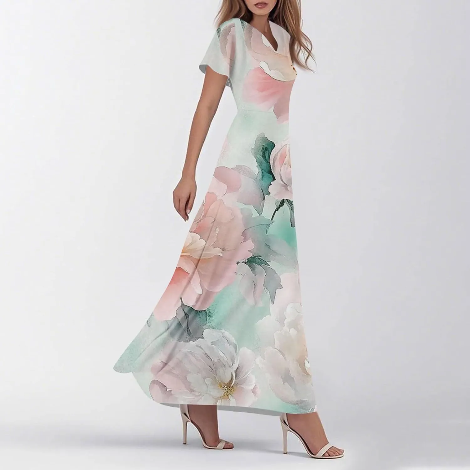 Women's Summer Maxi Dresses Flowy Elegant Casual Floral Bohemian Ruffle Sleeve V Neck Beach Vacation Swing Sundress