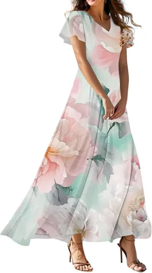 Women's Summer Maxi Dresses Flowy Elegant Casual Floral Bohemian Ruffle Sleeve V Neck Beach Vacation Swing Sundress
