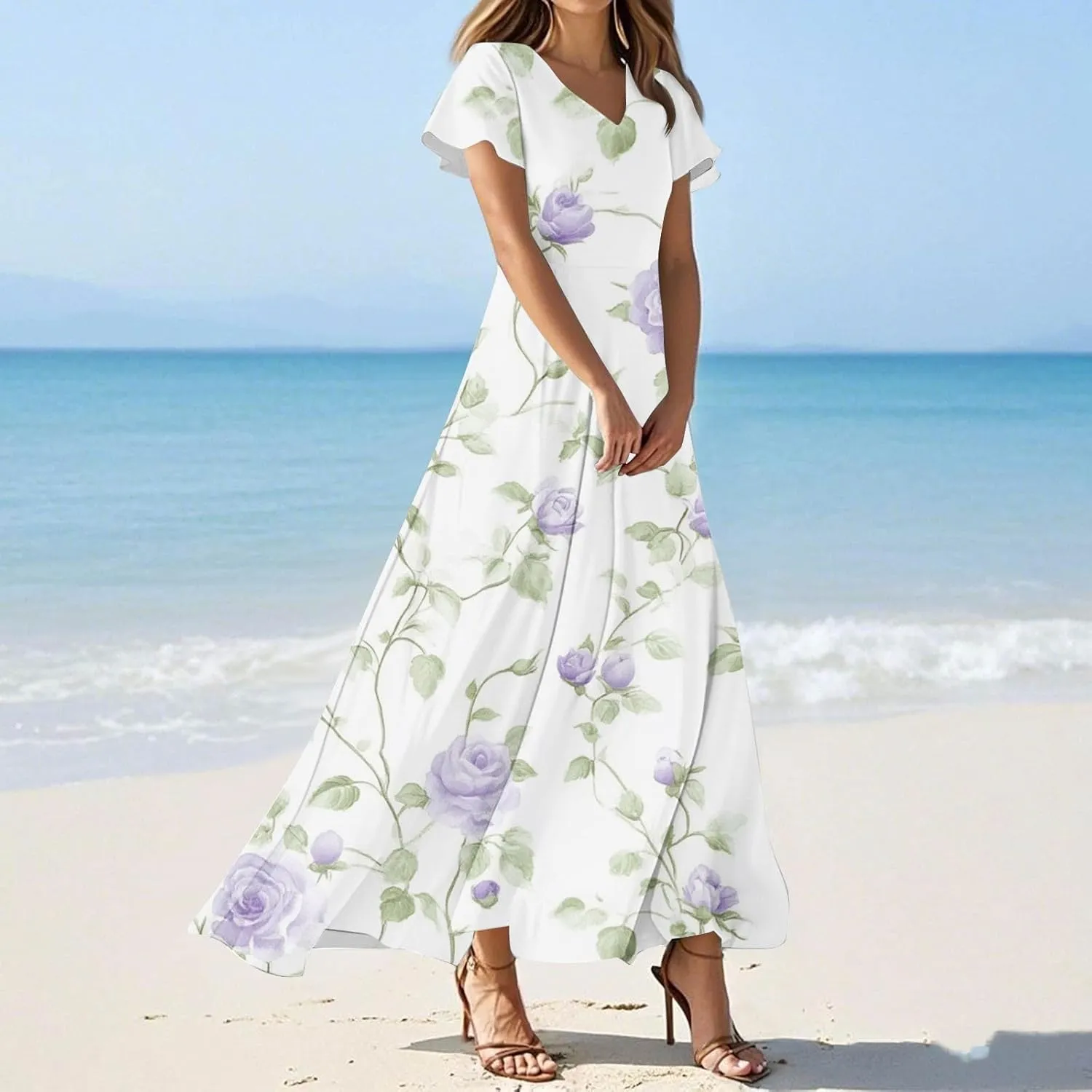 Women's Summer Maxi Dresses Flowy Elegant Casual Floral Bohemian Ruffle Sleeve V Neck Beach Vacation Swing Sundress