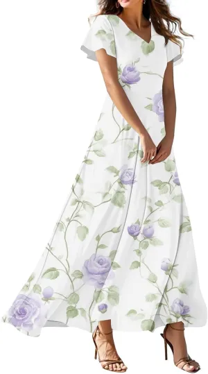Women's Summer Maxi Dresses Flowy Elegant Casual Floral Bohemian Ruffle Sleeve V Neck Beach Vacation Swing Sundress