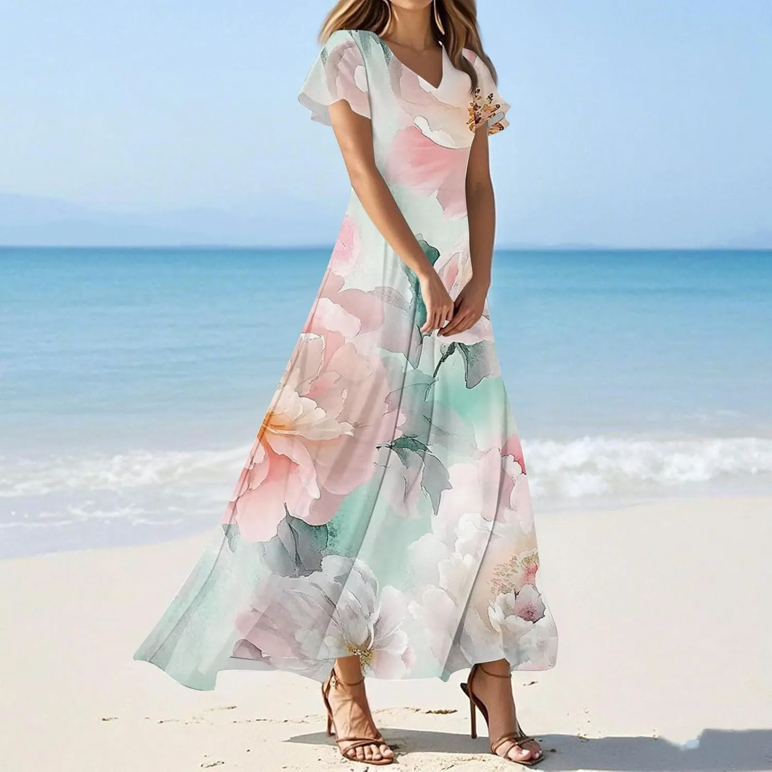 Women's Summer Maxi Dresses Flowy Elegant Casual Floral Bohemian Ruffle Sleeve V Neck Beach Vacation Swing Sundress