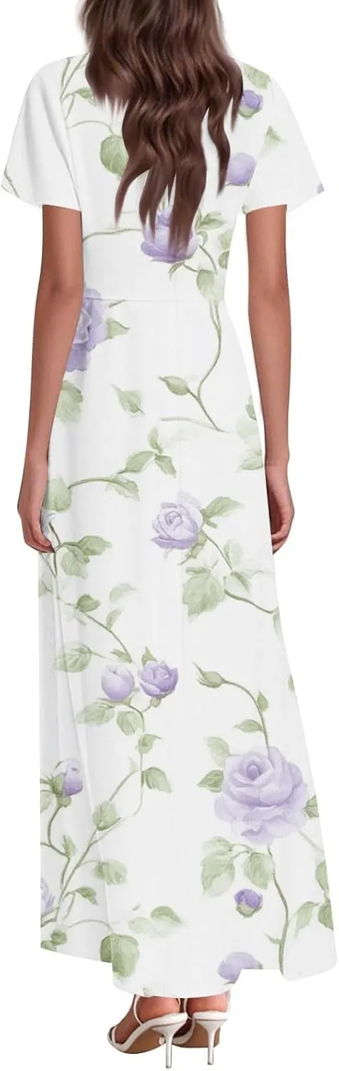 Women's Summer Maxi Dresses Flowy Elegant Casual Floral Bohemian Ruffle Sleeve V Neck Beach Vacation Swing Sundress