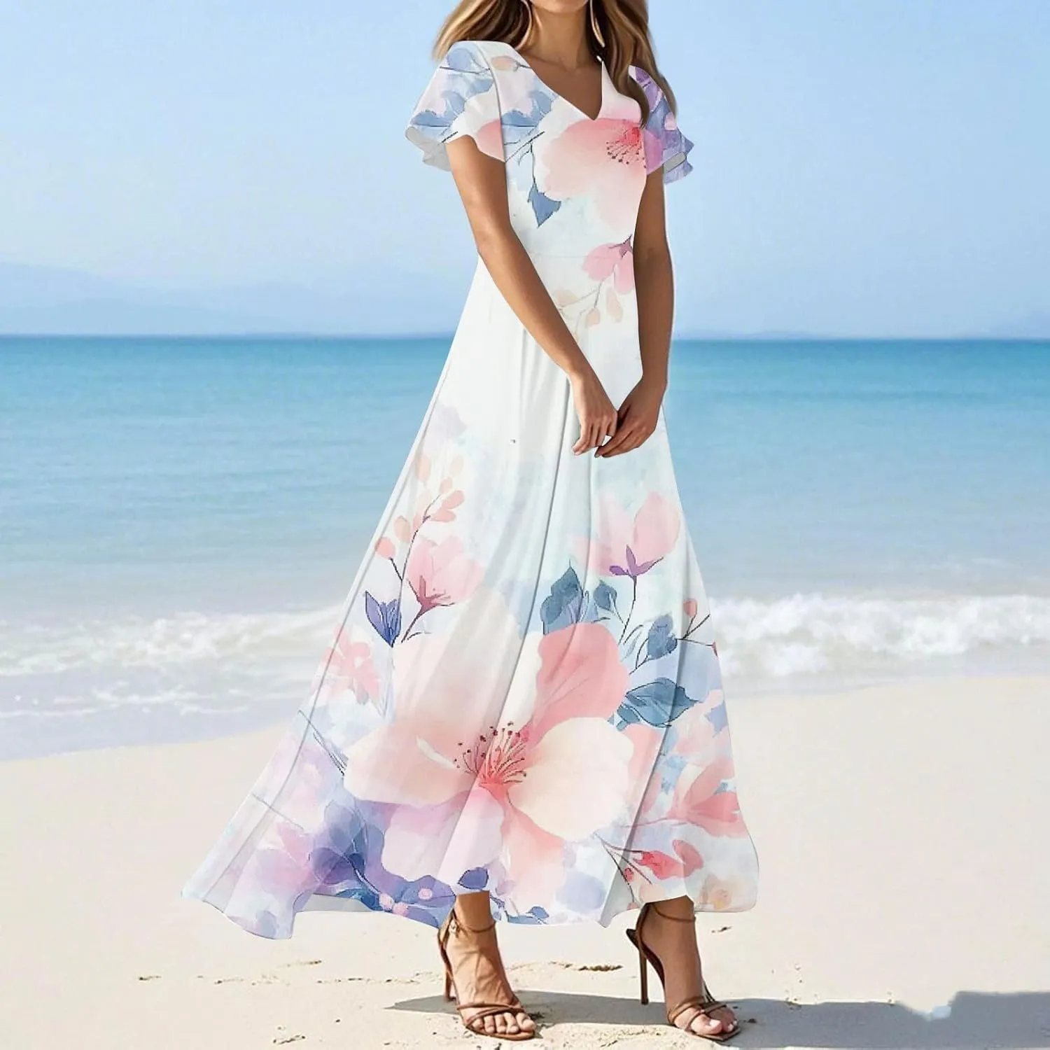 Women's Summer Maxi Dresses Flowy Elegant Casual Floral Bohemian Ruffle Sleeve V Neck Beach Vacation Swing Sundress