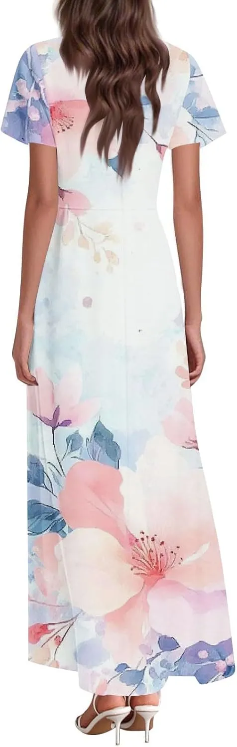 Women's Summer Maxi Dresses Flowy Elegant Casual Floral Bohemian Ruffle Sleeve V Neck Beach Vacation Swing Sundress