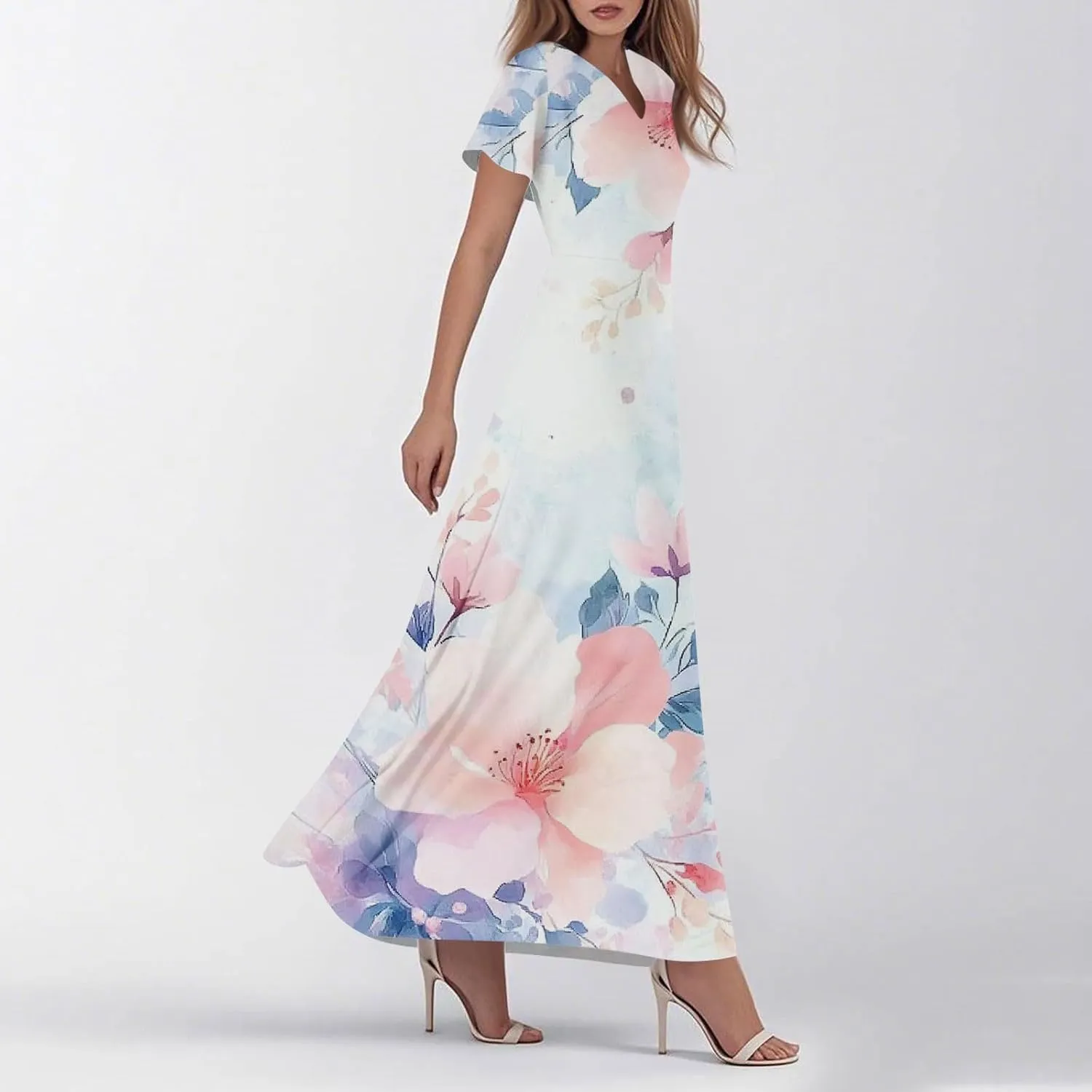 Women's Summer Maxi Dresses Flowy Elegant Casual Floral Bohemian Ruffle Sleeve V Neck Beach Vacation Swing Sundress