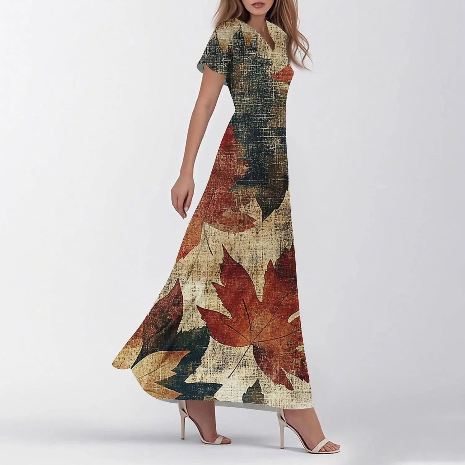 Women's Summer Maxi Dresses Flowy Elegant Casual Floral Bohemian Ruffle Sleeve V Neck Beach Vacation Swing Sundress