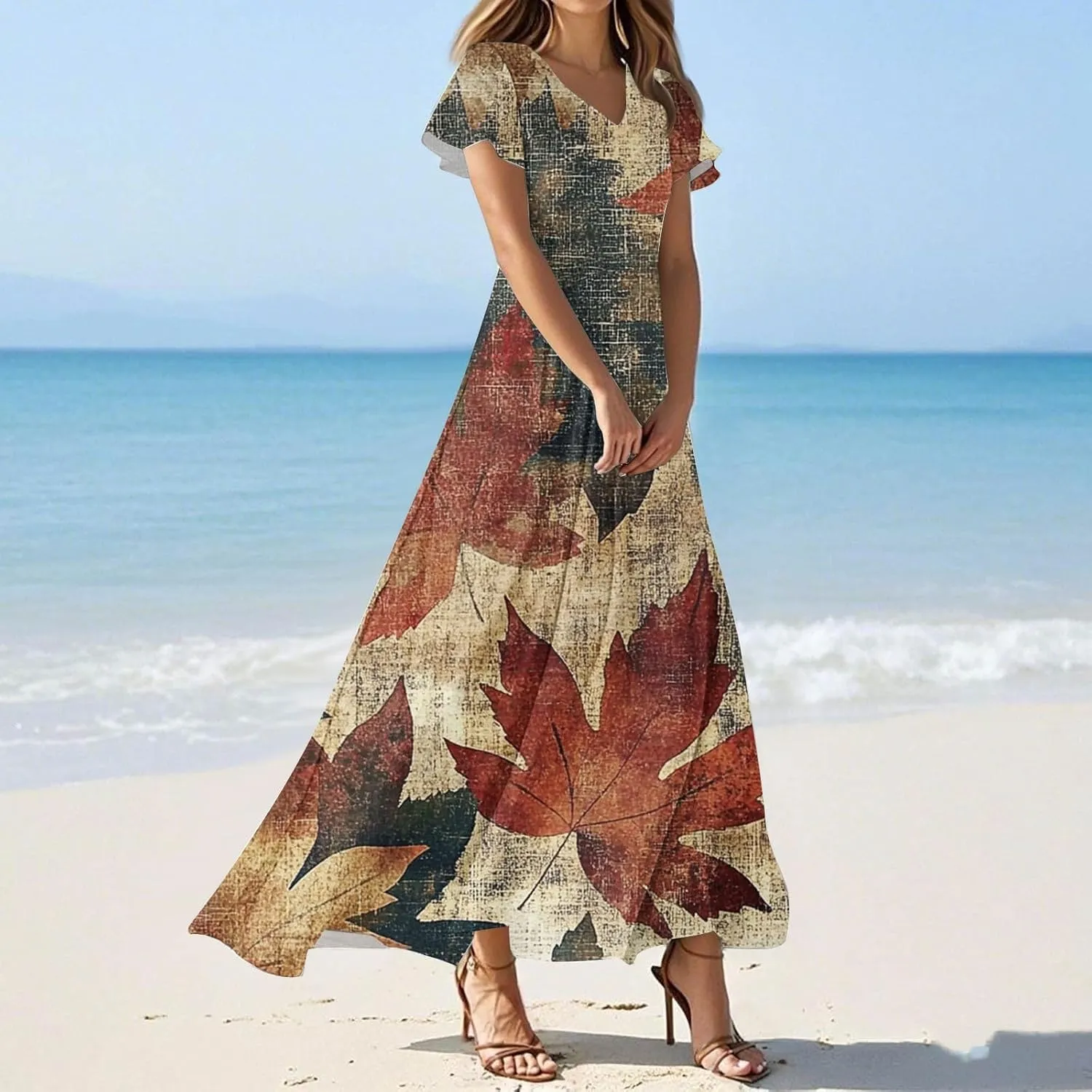 Women's Summer Maxi Dresses Flowy Elegant Casual Floral Bohemian Ruffle Sleeve V Neck Beach Vacation Swing Sundress