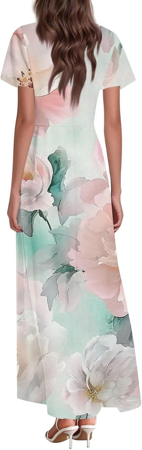 Women's Summer Maxi Dresses Flowy Elegant Casual Floral Bohemian Ruffle Sleeve V Neck Beach Vacation Swing Sundress