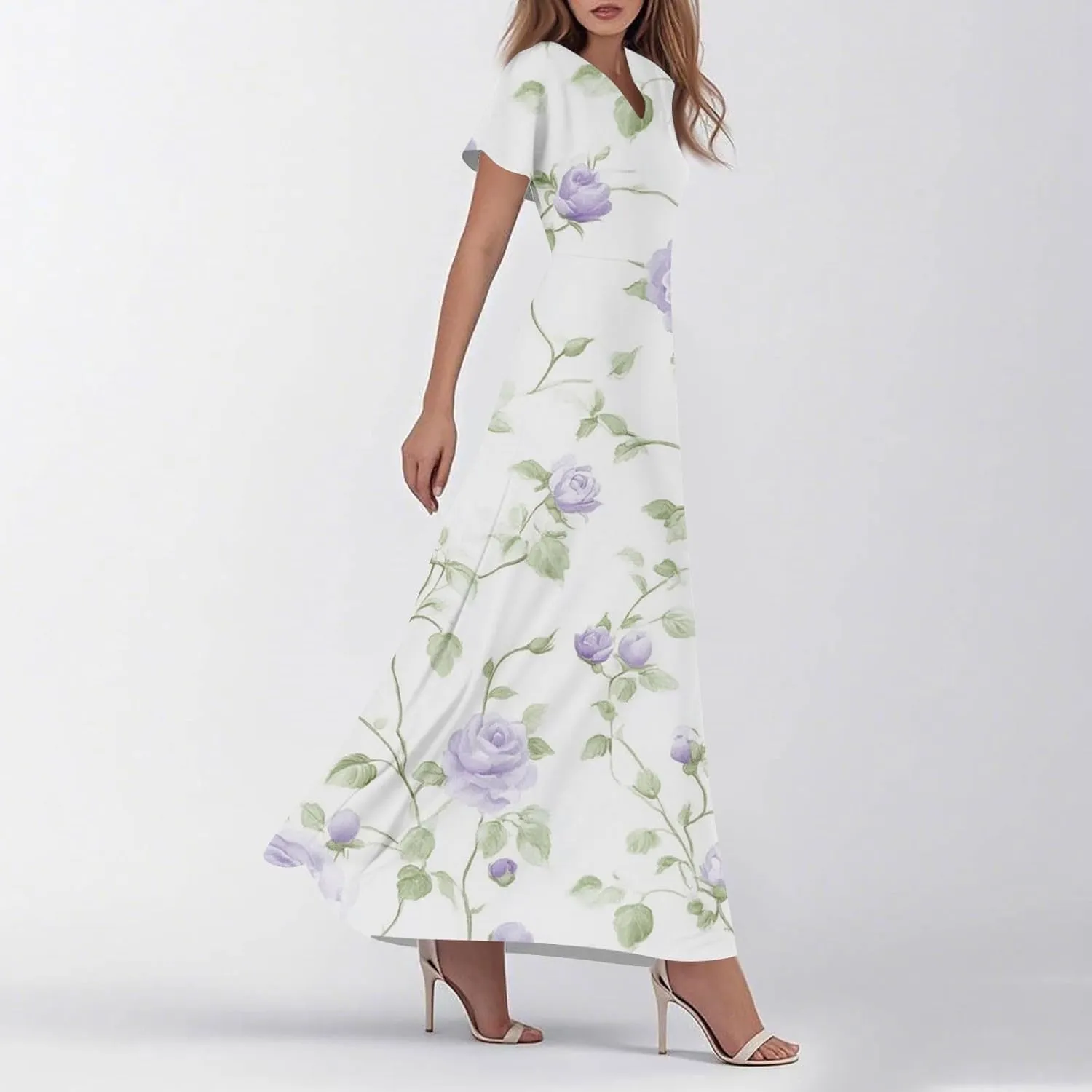 Women's Summer Maxi Dresses Flowy Elegant Casual Floral Bohemian Ruffle Sleeve V Neck Beach Vacation Swing Sundress