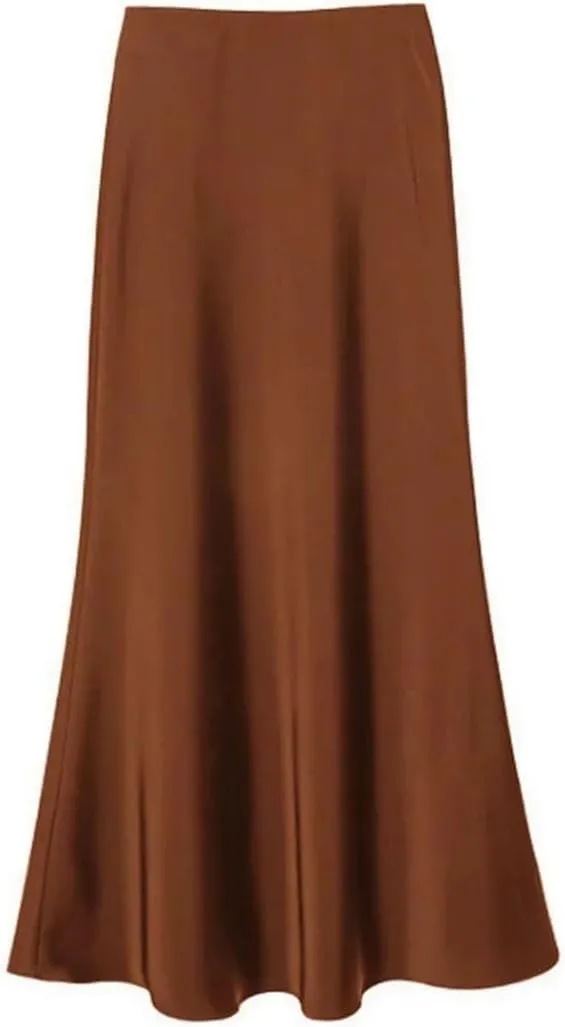 Women's Summer Midi Satin Skirt Elegant Casual High Waist A-Line Flowy Skirt